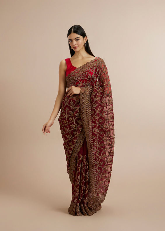 Twamev Women Rust Red Net Zardozi Thread Embroidered Saree