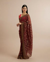 Twamev Women Rust Red Net Zardozi Thread Embroidered Saree