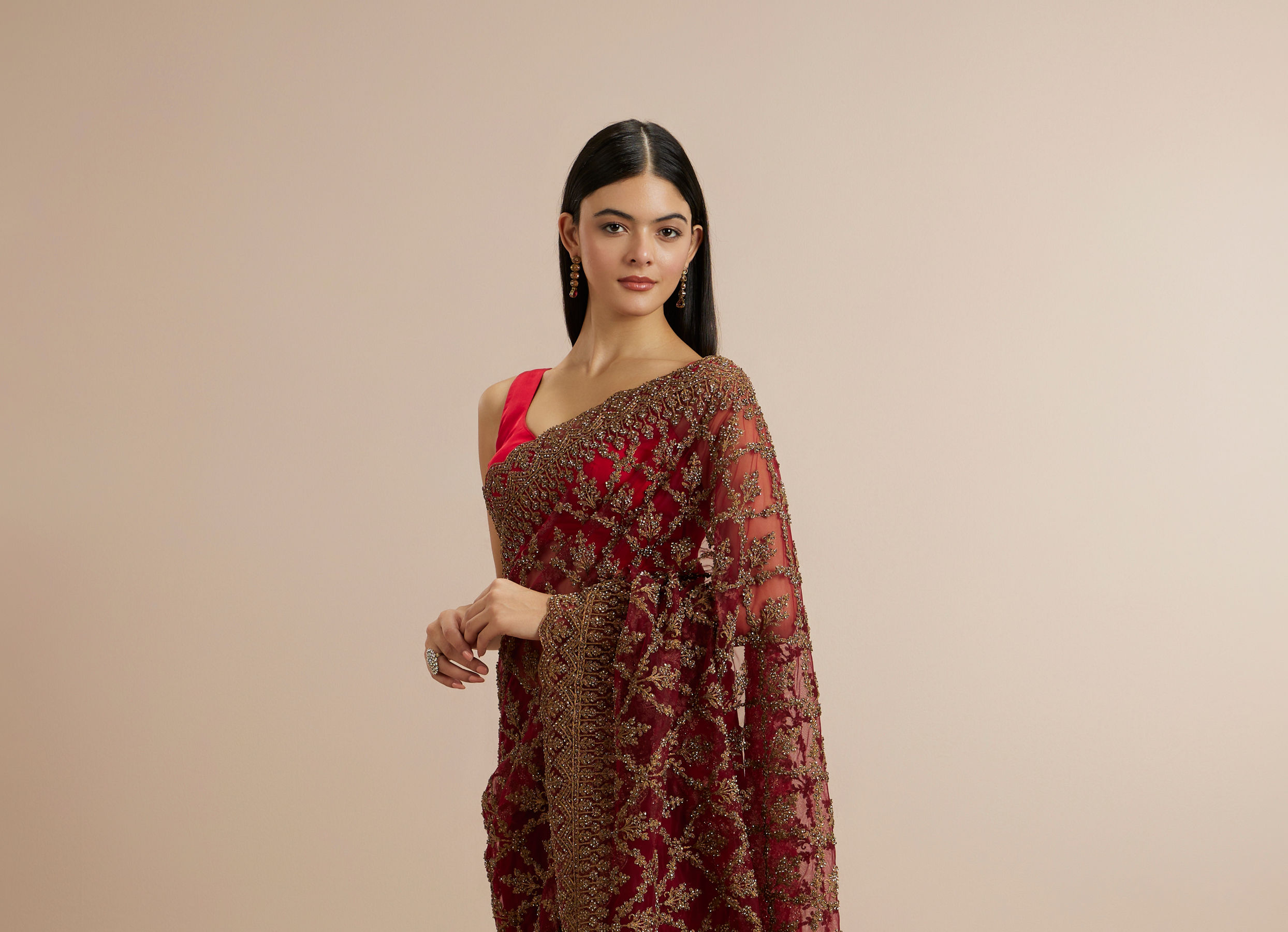 Twamev Women Rust Red Net Zardozi Thread Embroidered Saree