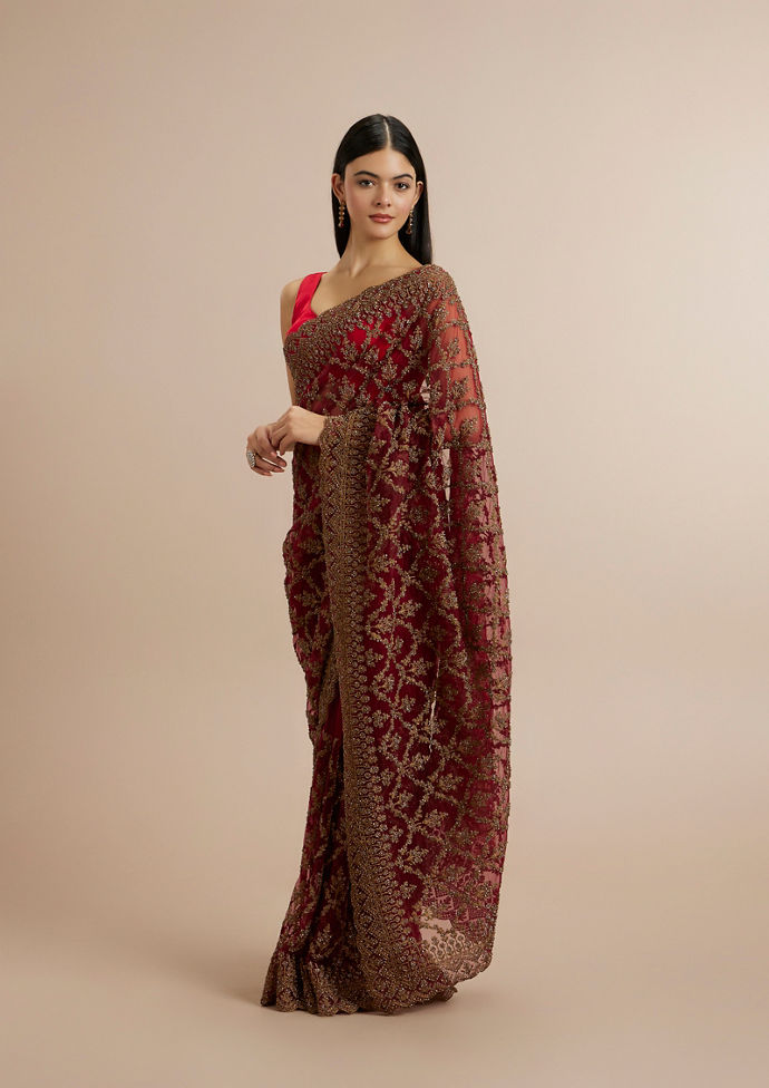 Twamev Women Enchanting Rust Red Net Saree