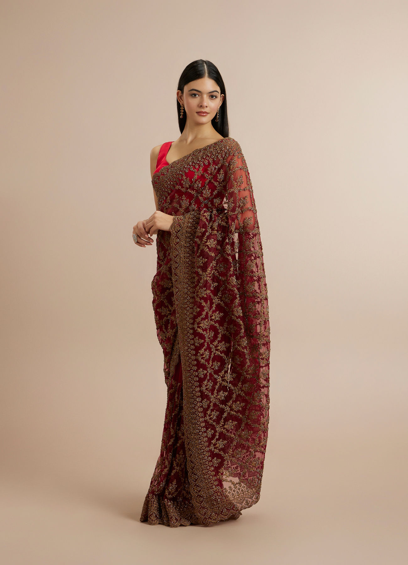 Twamev Women Rust Red Net Zardozi Thread Embroidered Saree