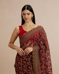 Twamev Women Rust Red Net Zardozi Thread Embroidered Saree