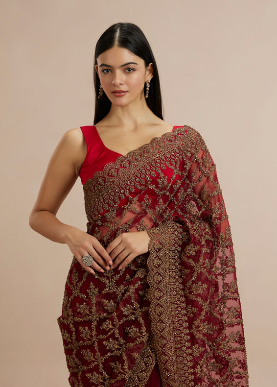 Twamev Women Rust Red Net Zardozi Thread Embroidered Saree