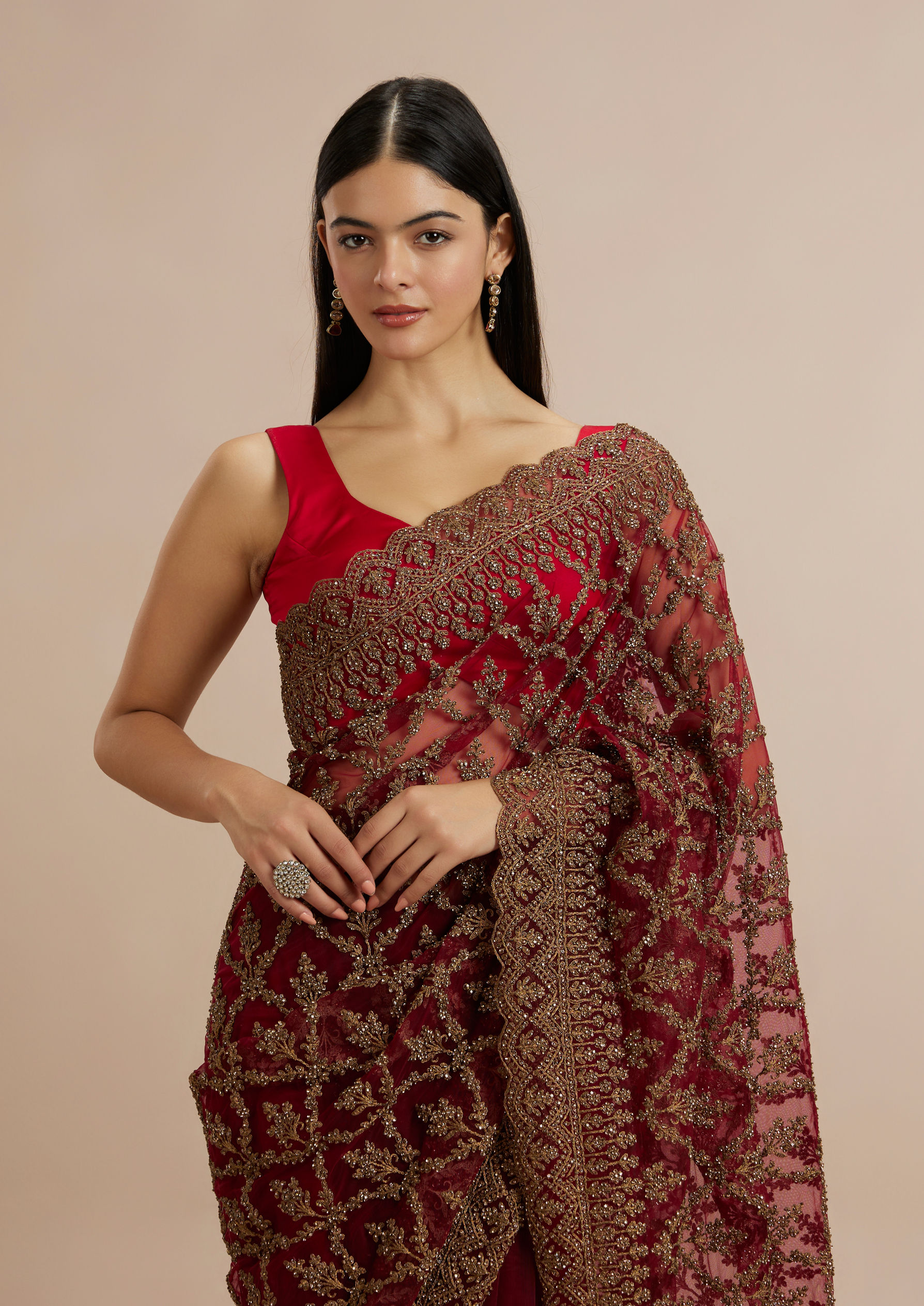 Twamev Women Enchanting Rust Red Net Saree