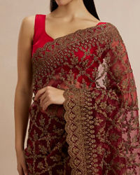 Twamev Women Rust Red Net Zardozi Thread Embroidered Saree