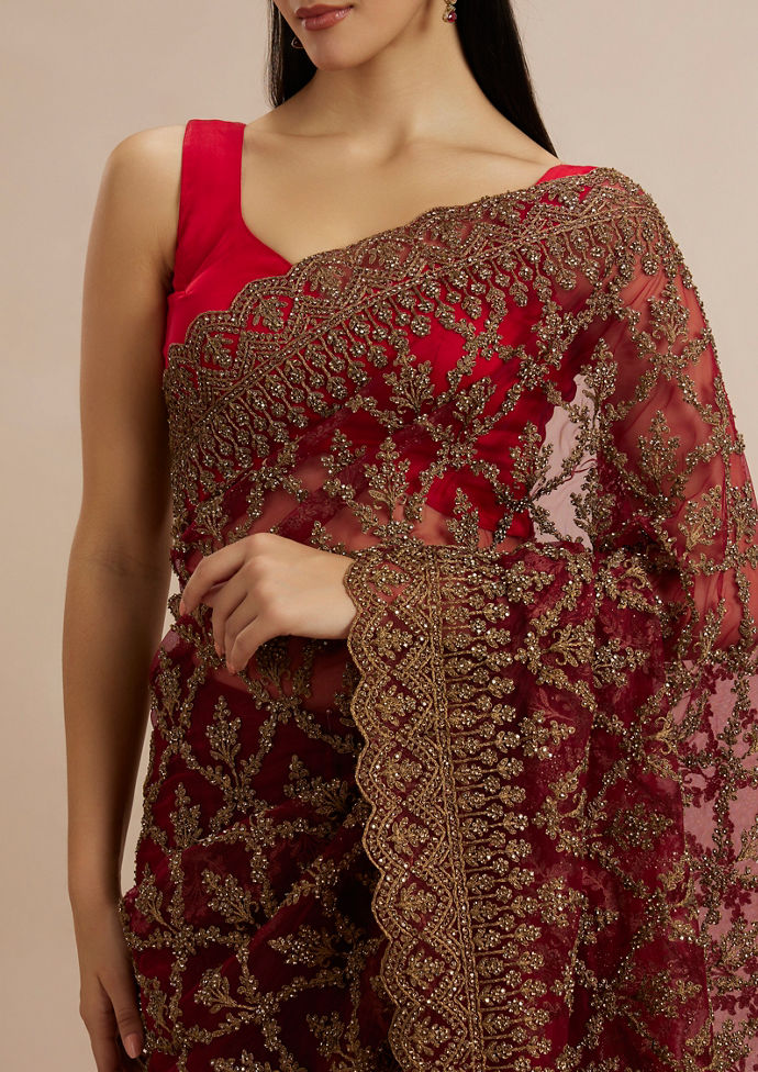 Twamev Women Enchanting Rust Red Net Saree