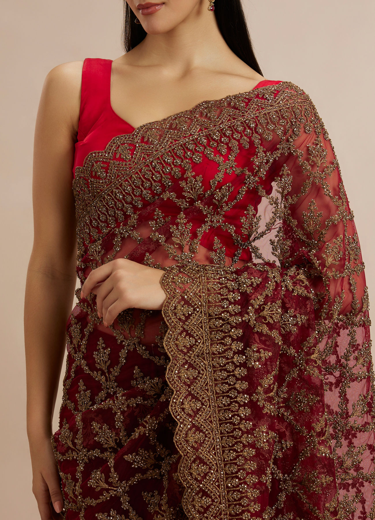 Twamev Women Rust Red Net Zardozi Thread Embroidered Saree