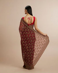 Twamev Women Rust Red Net Zardozi Thread Embroidered Saree