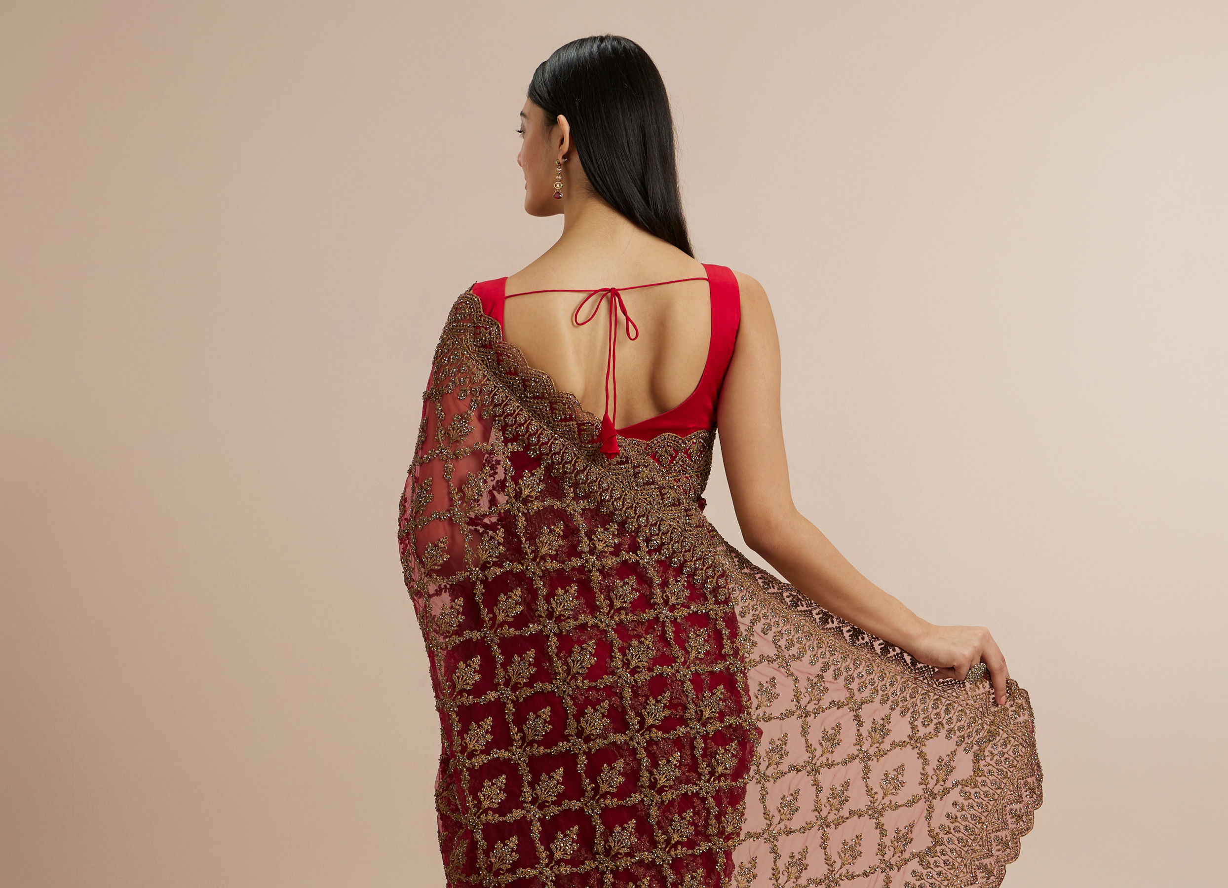 Twamev Women Rust Red Net Zardozi Thread Embroidered Saree