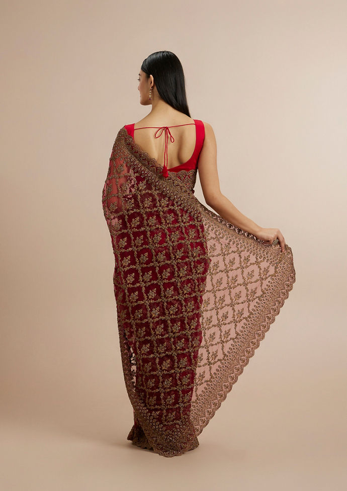 Twamev Women Enchanting Rust Red Net Saree