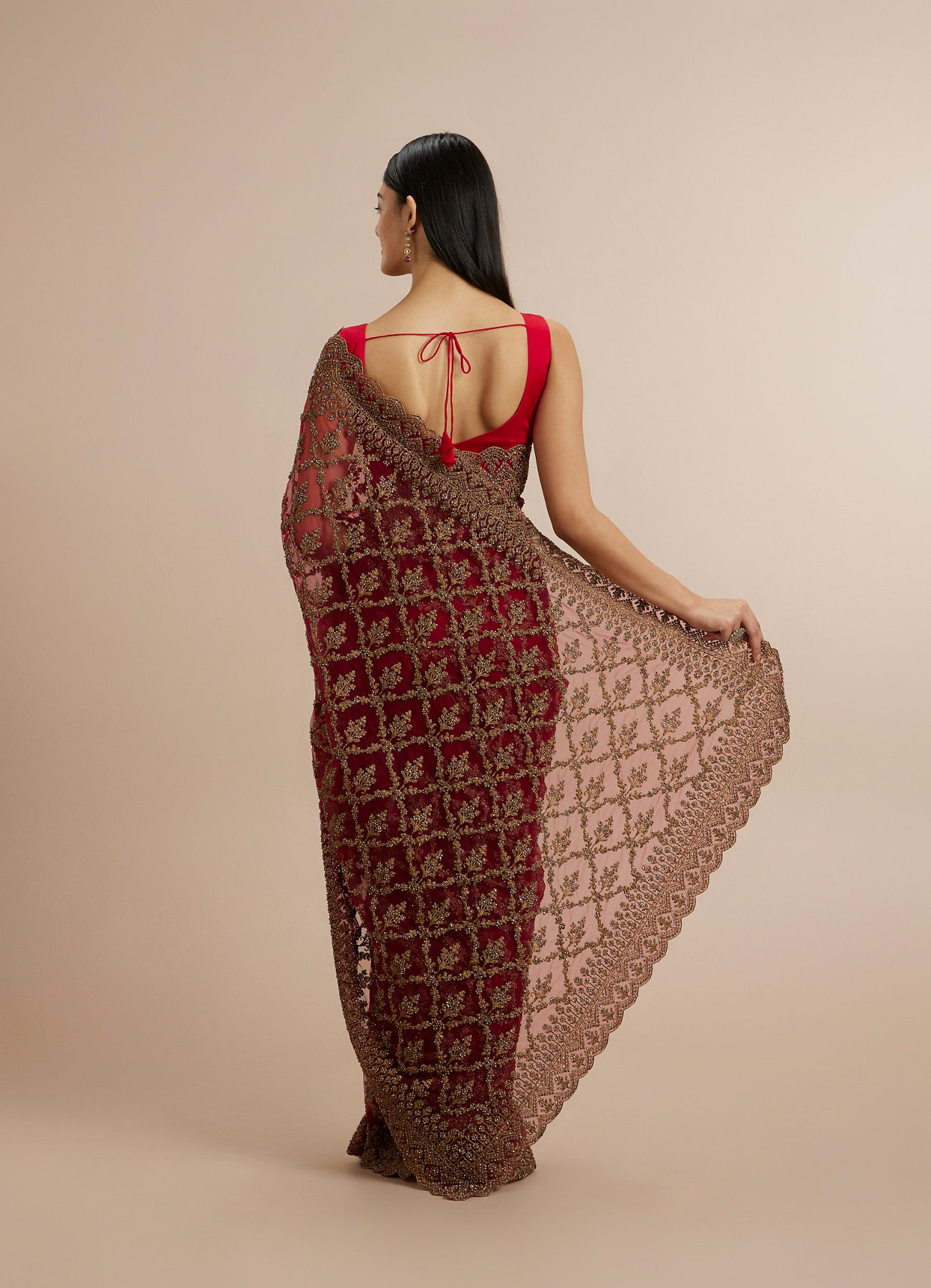 Twamev Women Rust Red Net Zardozi Thread Embroidered Saree