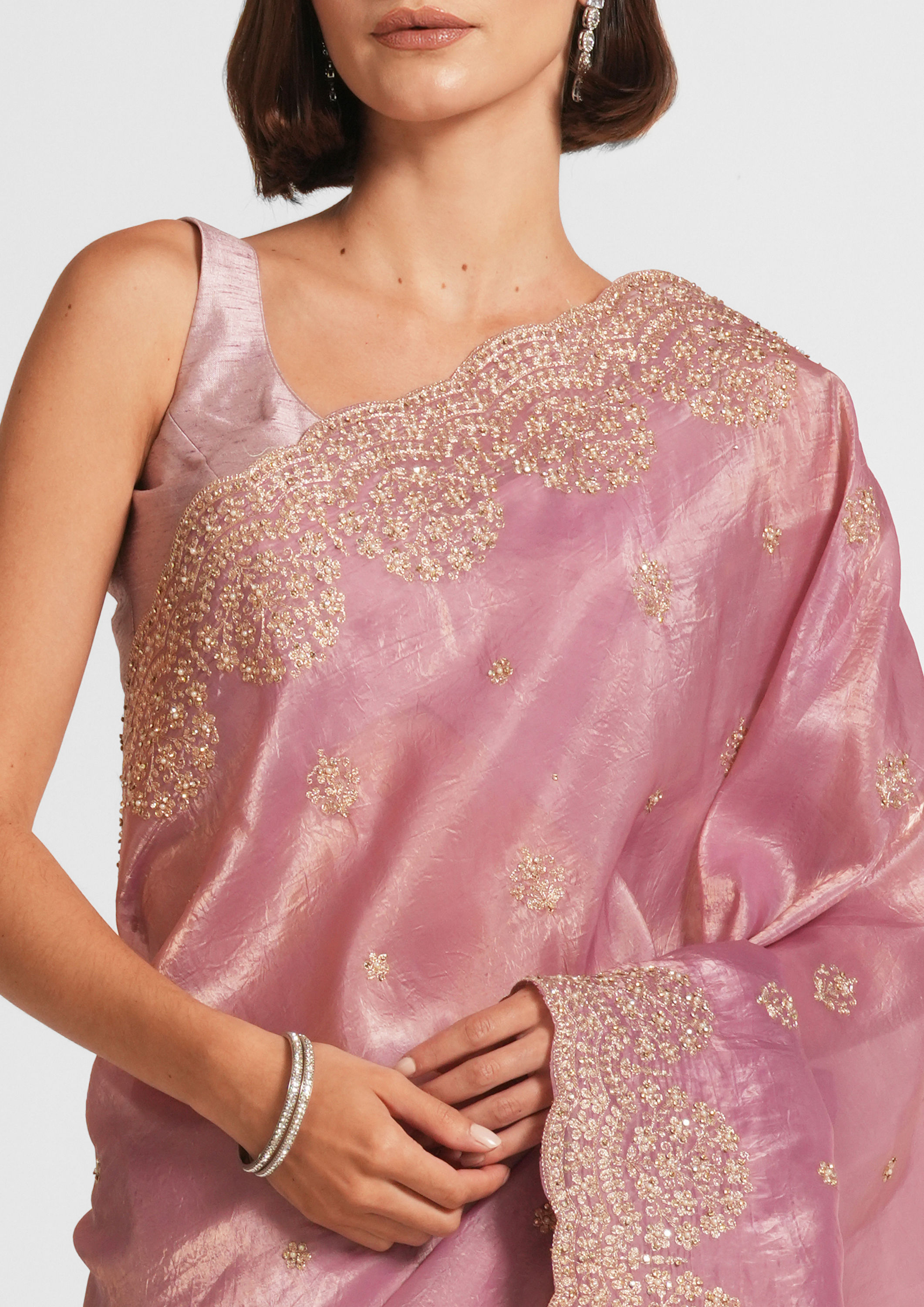 Twamev Women Dusty Pink Swirl Organza Saree image number 1