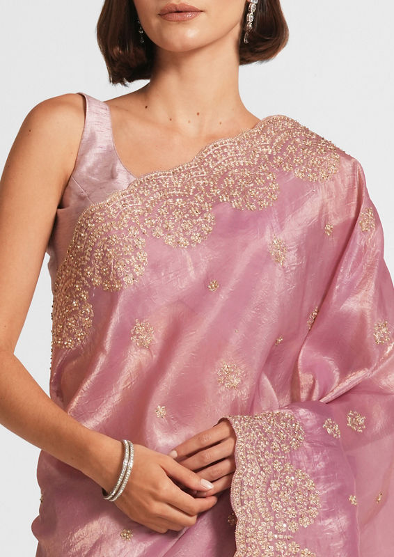 Twamev Women Dusty Pink Swirl Organza Saree