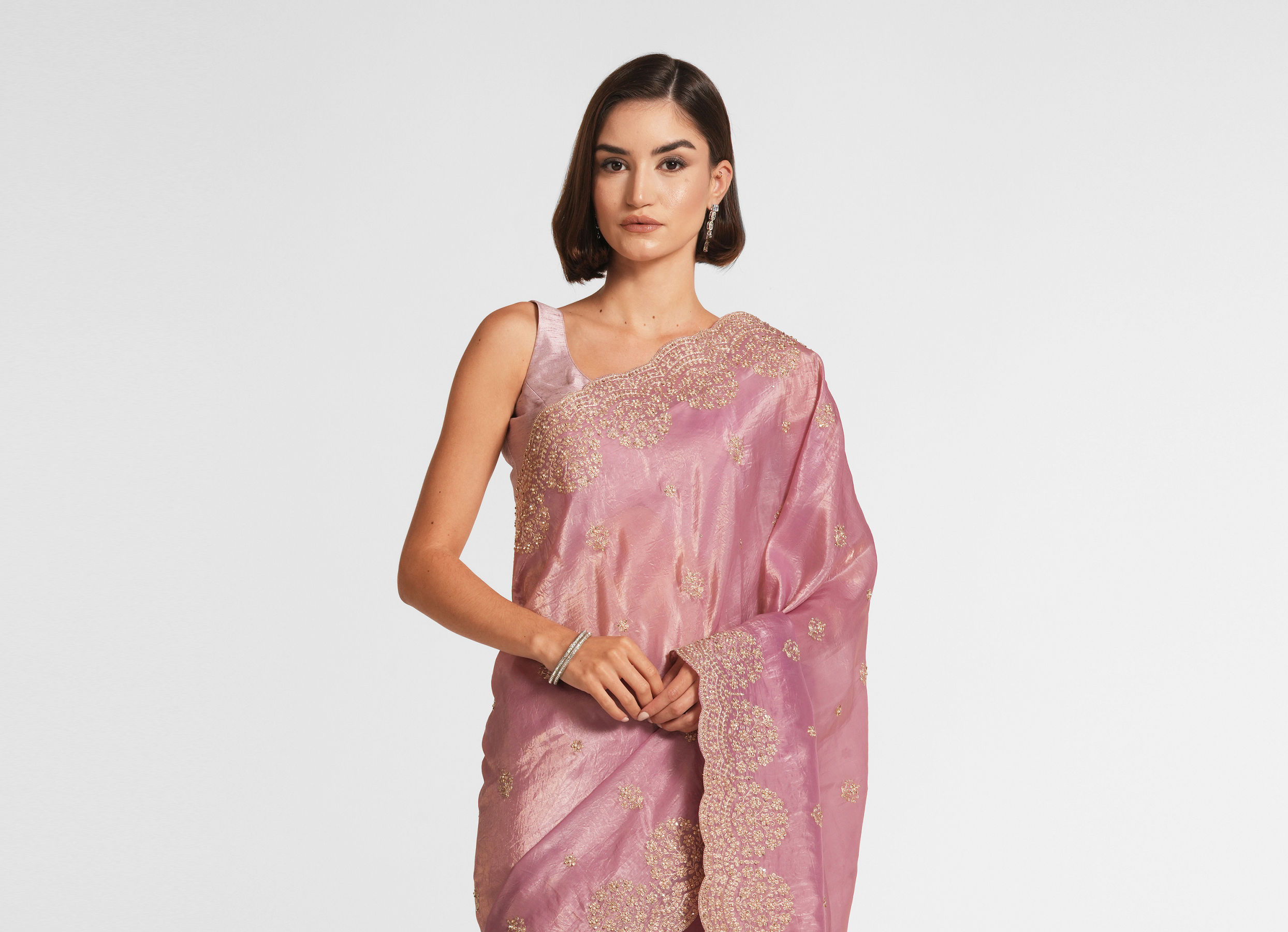 Twamev Women Dusty Pink Swirl Organza Saree