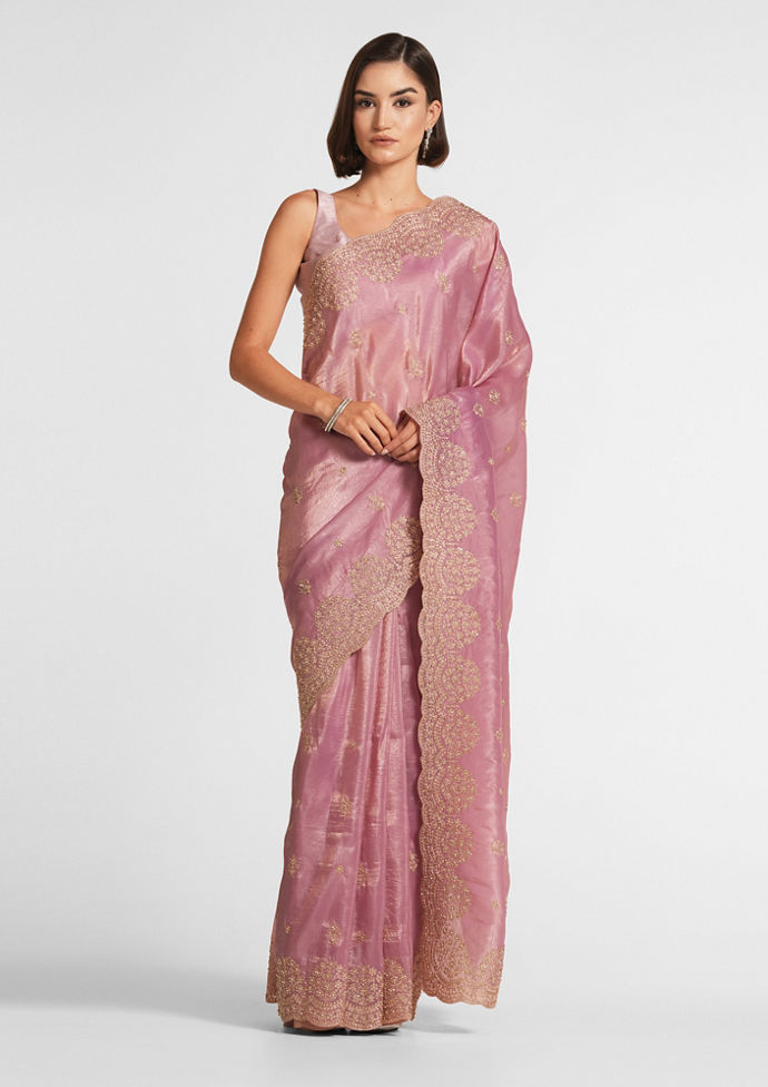 Twamev Women Dusty Pink Swirl Organza Saree