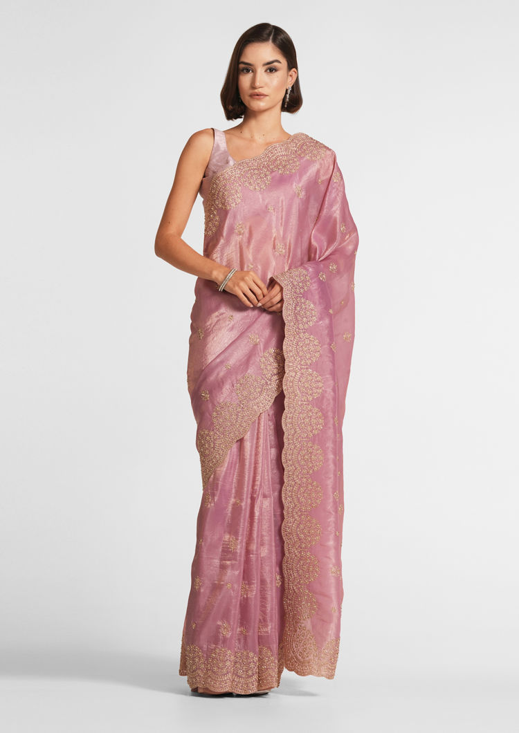 Twamev Women Dusty Pink Swirl Organza Saree image number 0