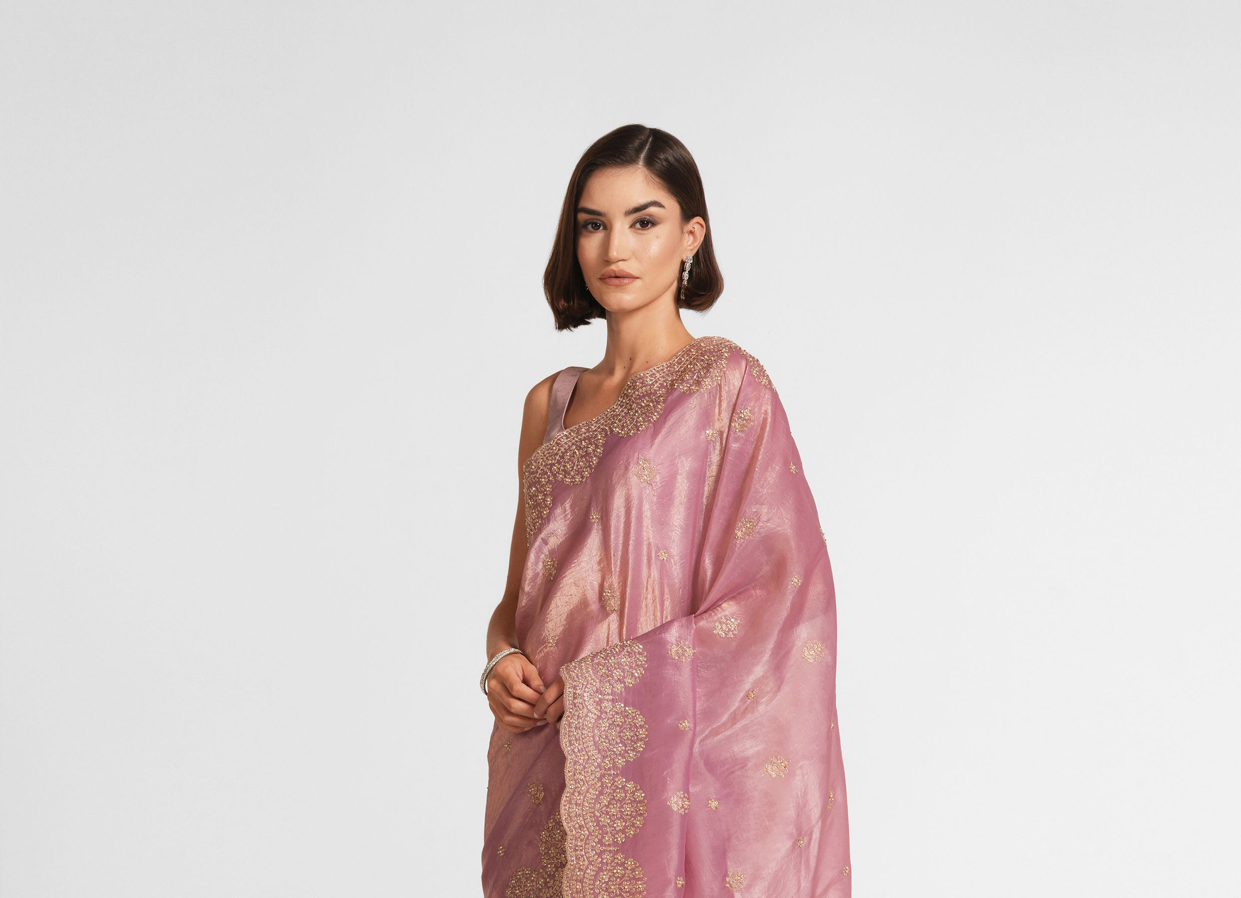 Twamev Women Dusty Pink Swirl Organza Saree