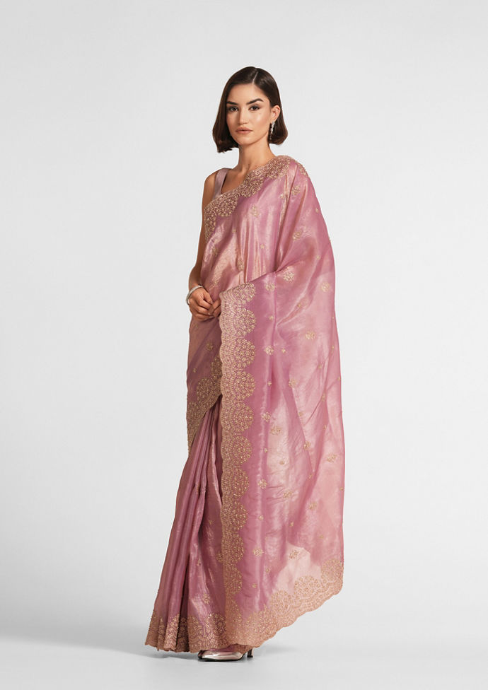 Twamev Women Dusty Pink Swirl Organza Saree image number 3