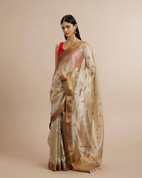 Twamev Women Fawn Organza Gold Zari Border Embroidered Saree