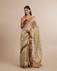 Twamev Women Fawn Organza Gold Zari Border Embroidered Saree