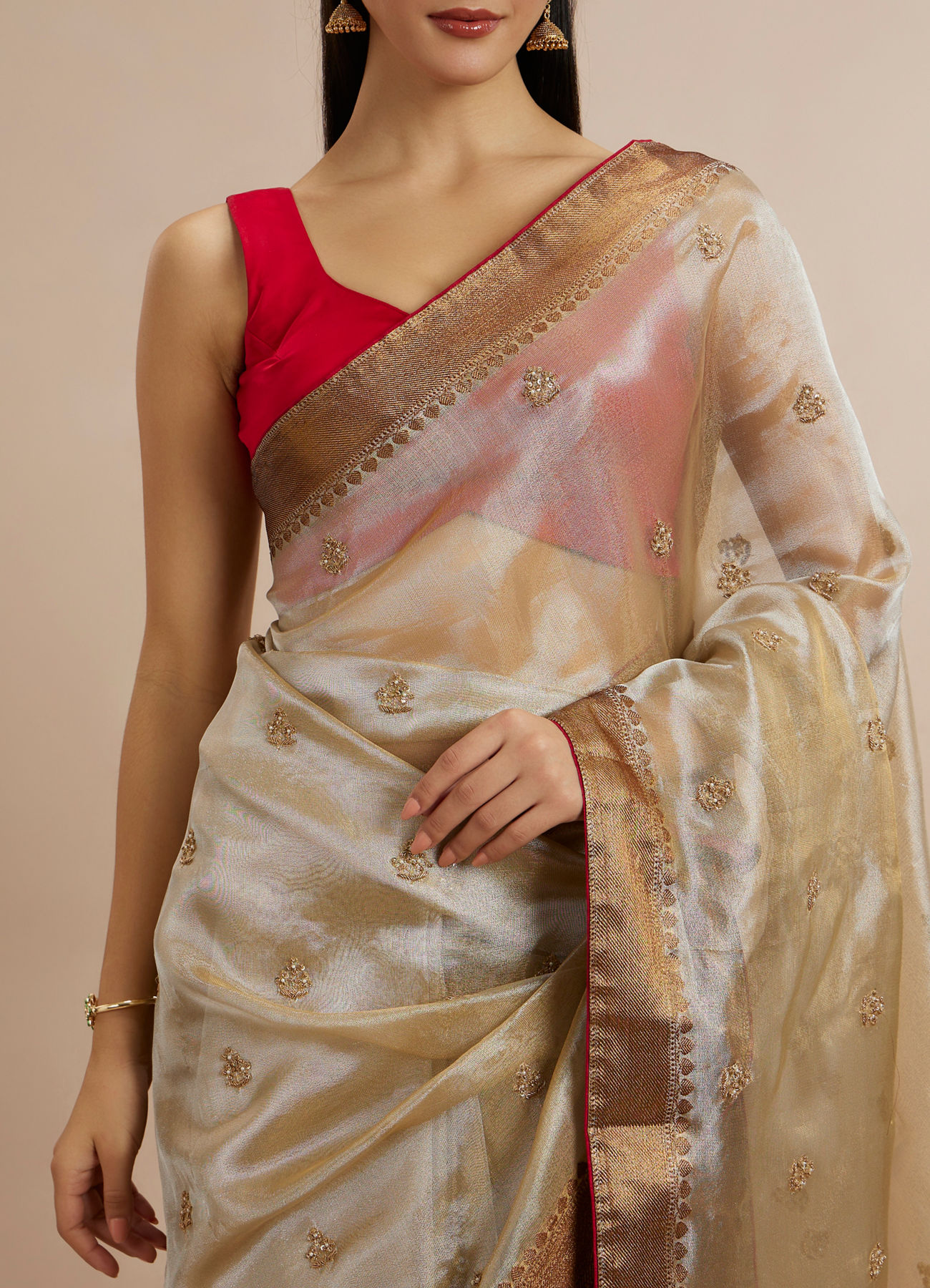Twamev Women Fawn Organza Gold Zari Border Embroidered Saree