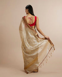 Twamev Women Fawn Organza Gold Zari Border Embroidered Saree