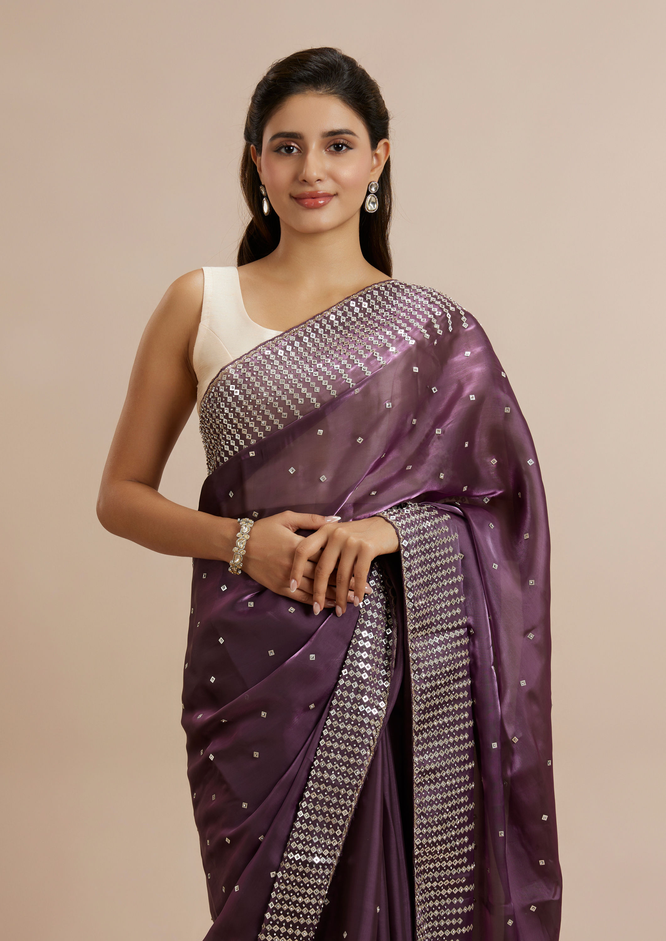 Twamev Women Lavish Purple Panache Organza Saree