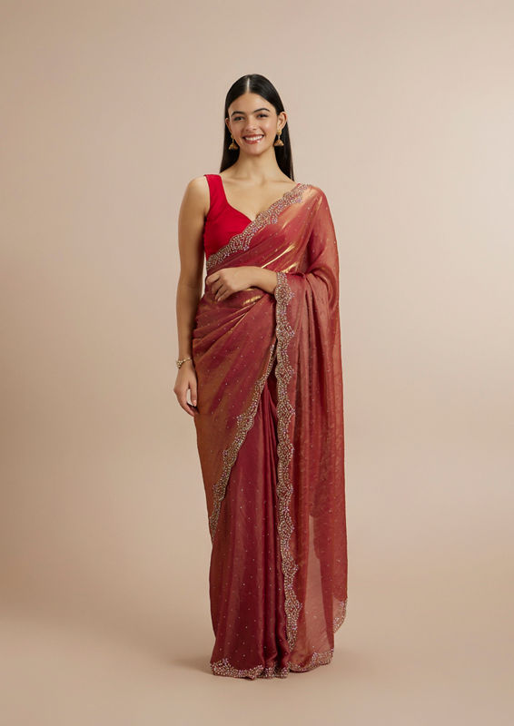 Twamev Women Radiant Rust Red Satin Saree