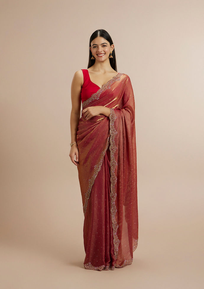 Twamev Women Radiant Rust Red Satin Saree