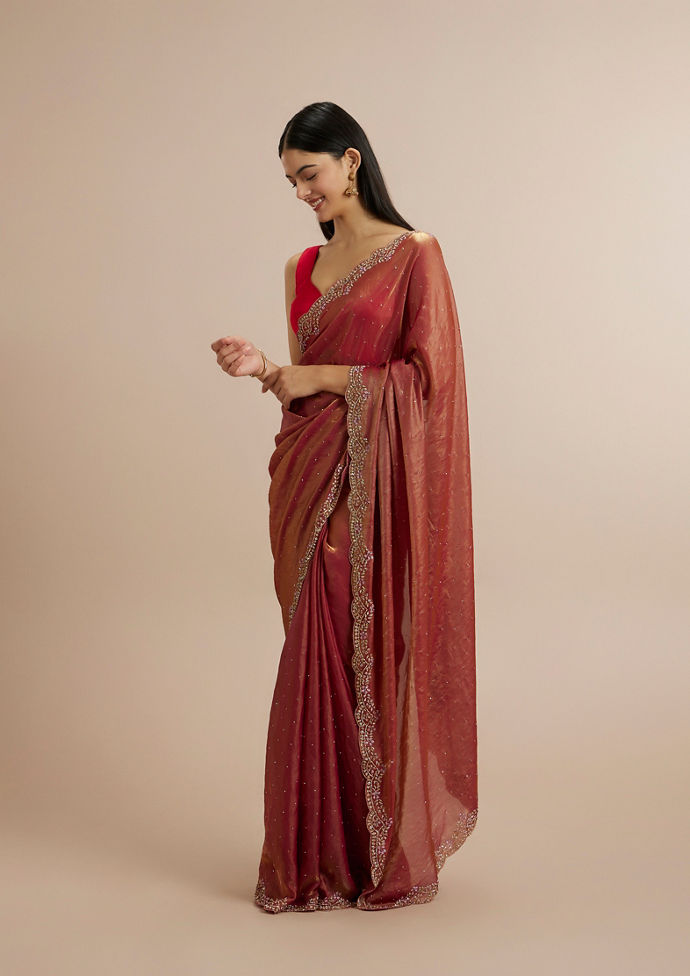 Twamev Women Radiant Rust Red Satin Saree