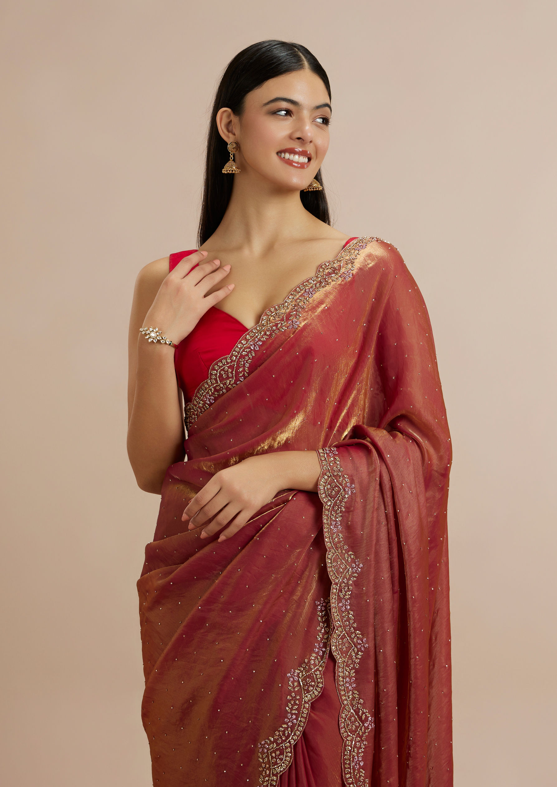 Twamev Women Radiant Rust Red Satin Saree