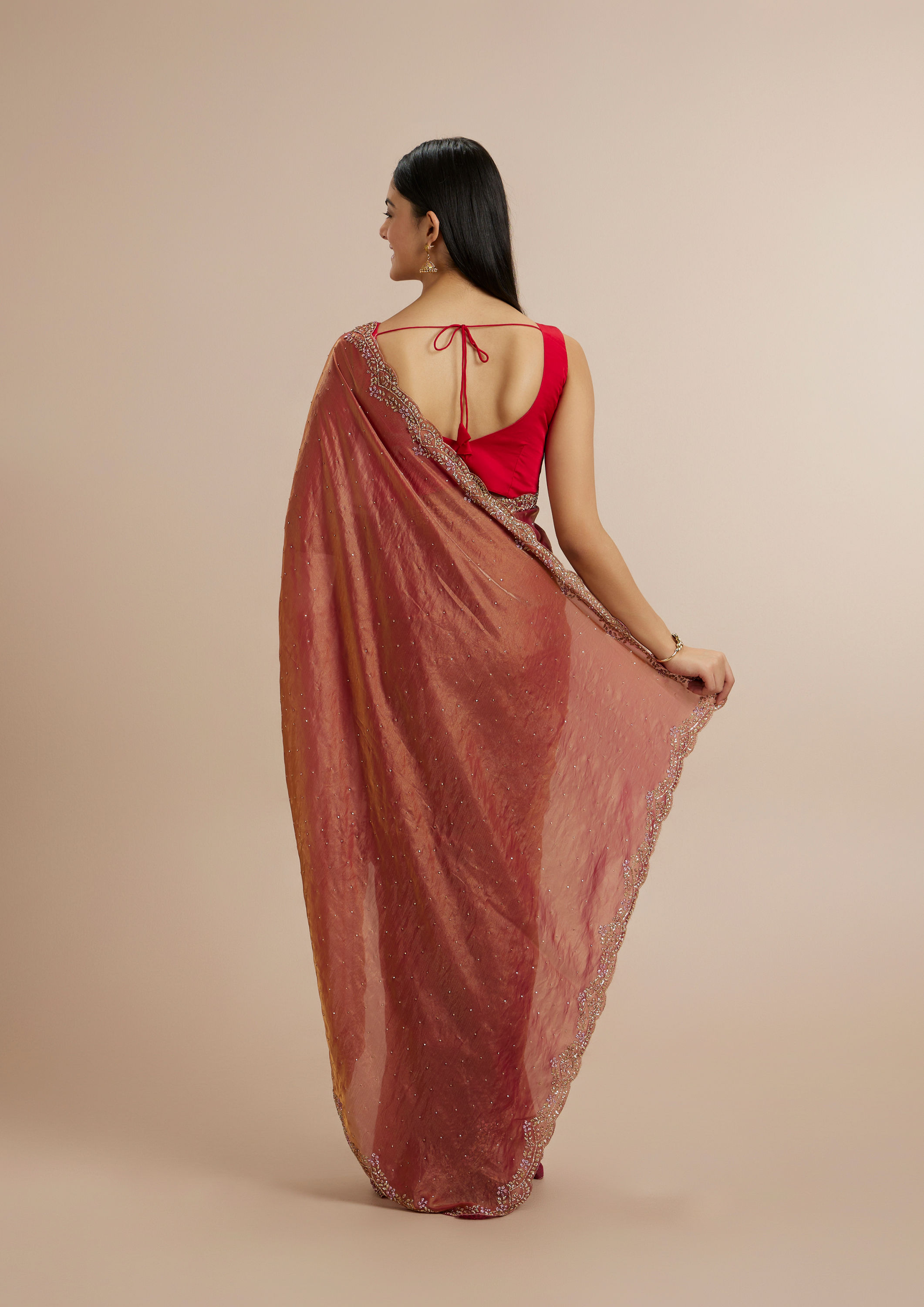 Twamev Women Radiant Rust Red Satin Saree