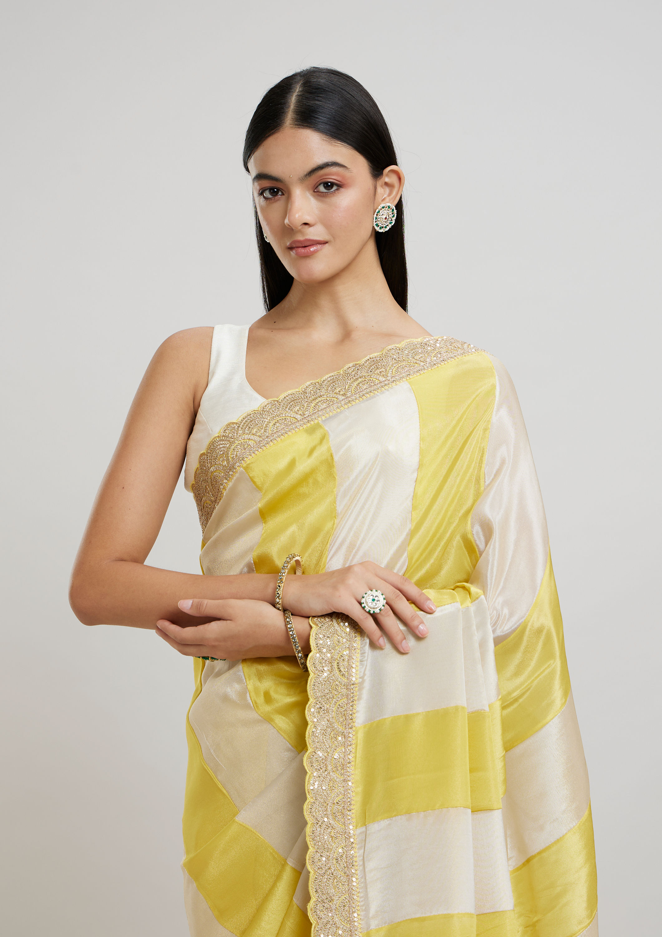 Twamev Women Twamev Yellow Tissue Saree