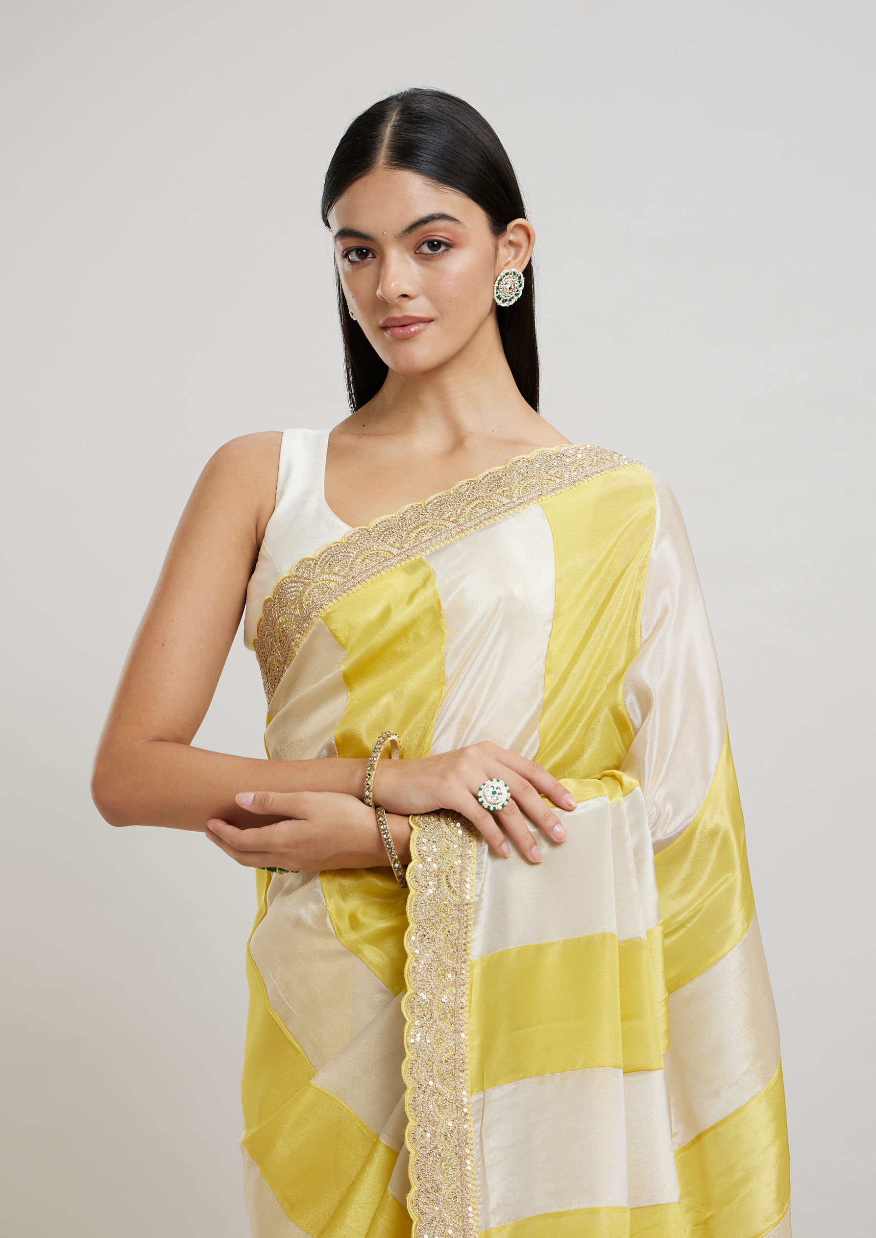 Twamev Women Twamev Yellow Tissue Saree