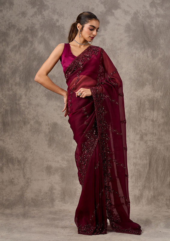 Twamev Women Maroon Elegance Organza Saree