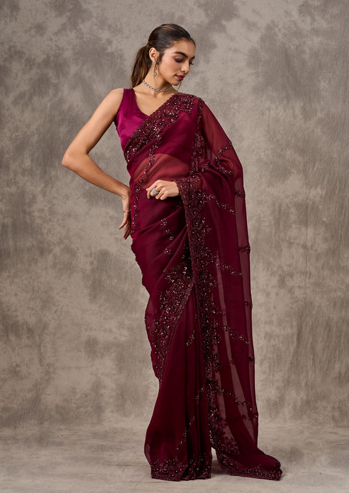 Twamev Women Maroon Elegance Organza Saree