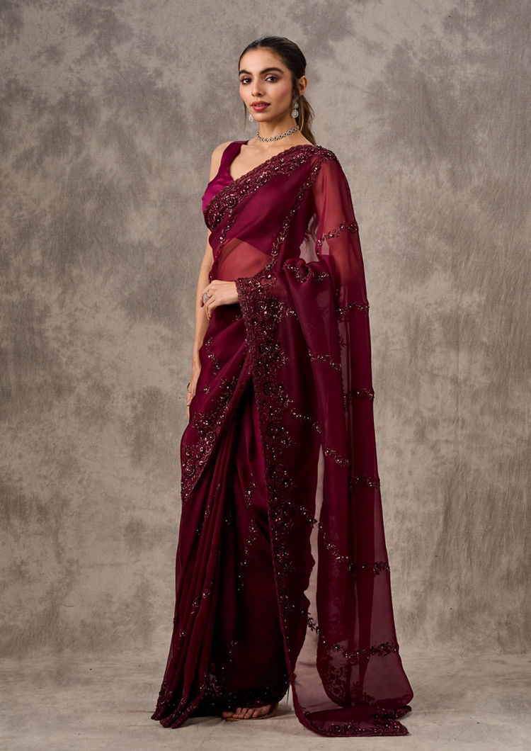 Twamev Women Maroon Elegance Organza Saree