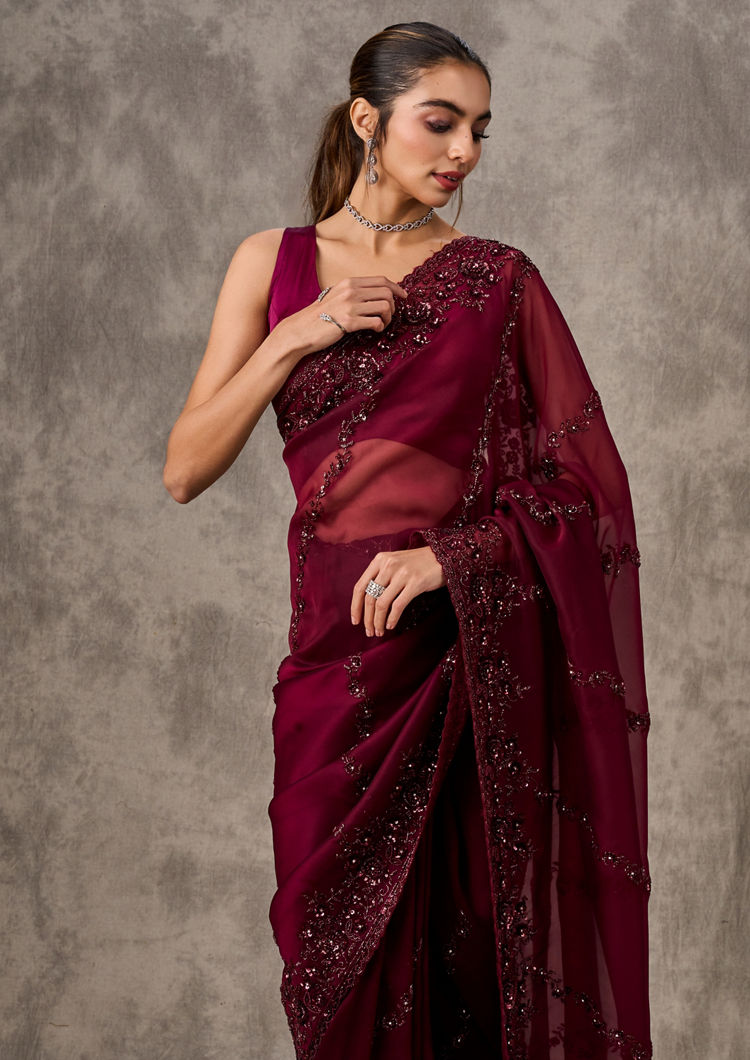 Twamev Women Maroon Elegance Organza Saree