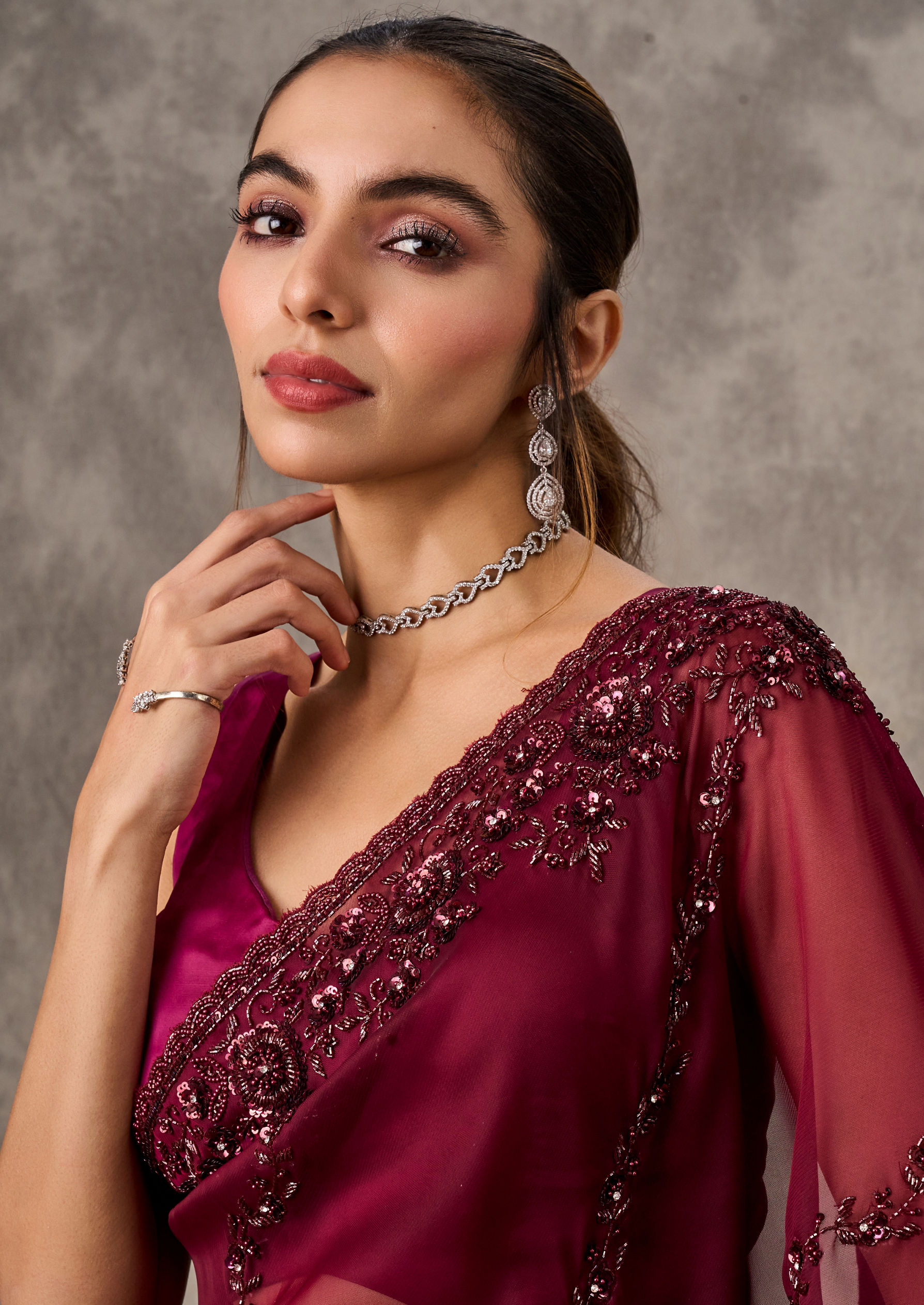 Twamev Women Maroon Elegance Organza Saree