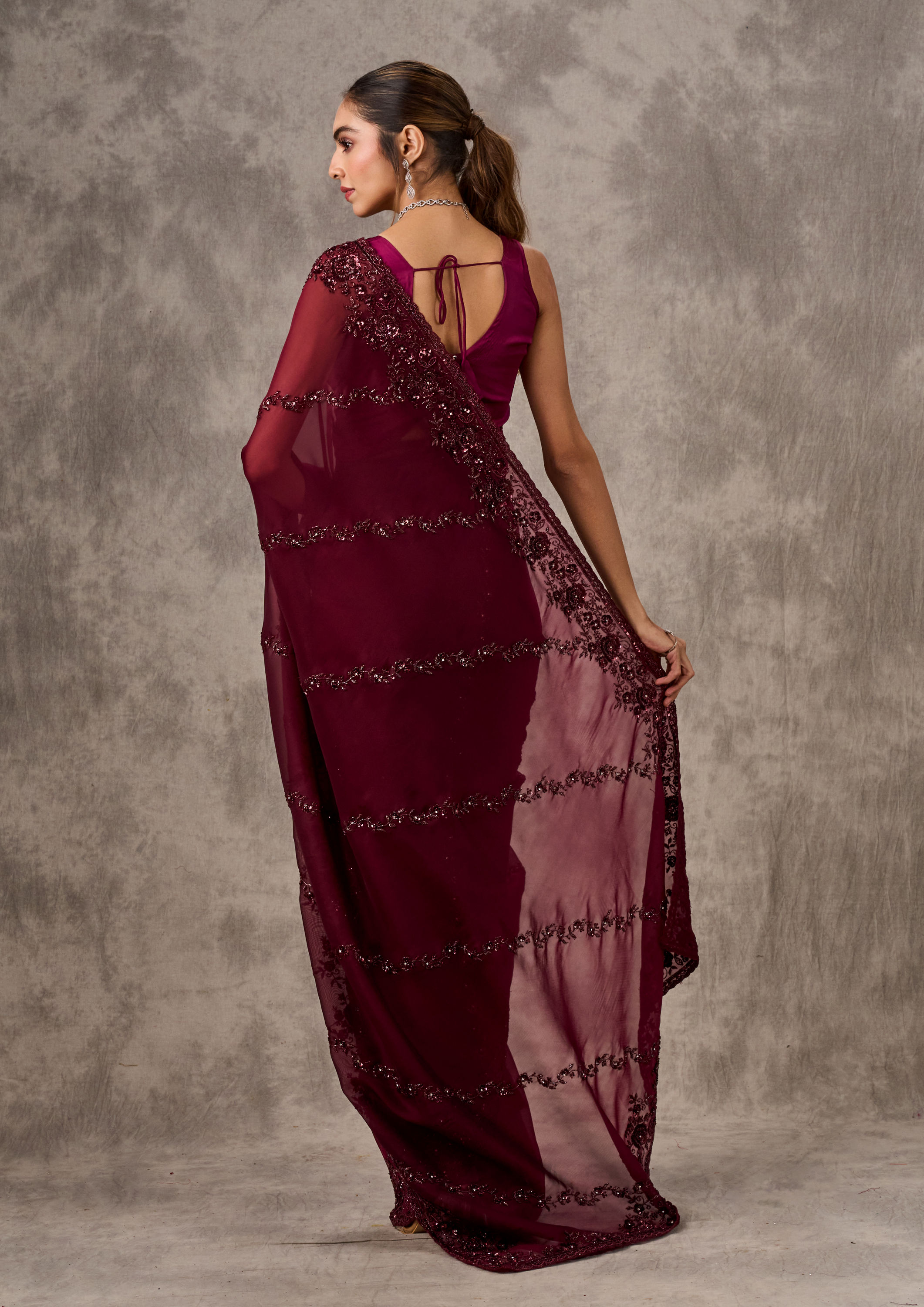 Twamev Women Maroon Elegance Organza Saree