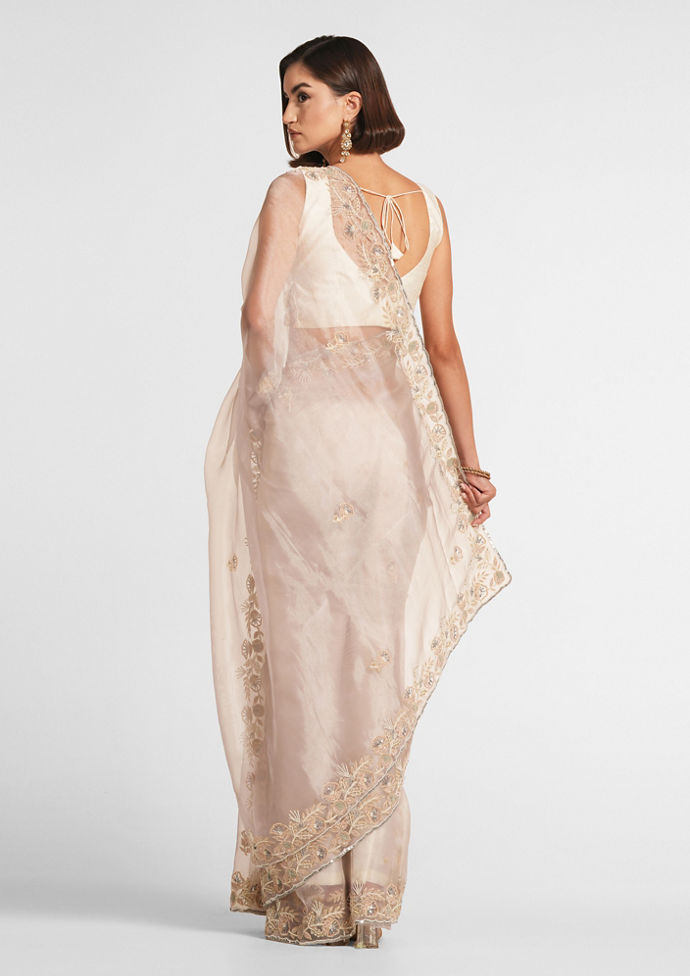 Twamev Women Cream Elegance Organza Saree