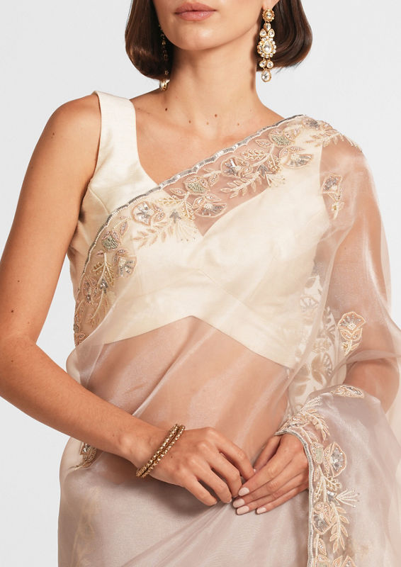 Twamev Women Cream Elegance Organza Saree