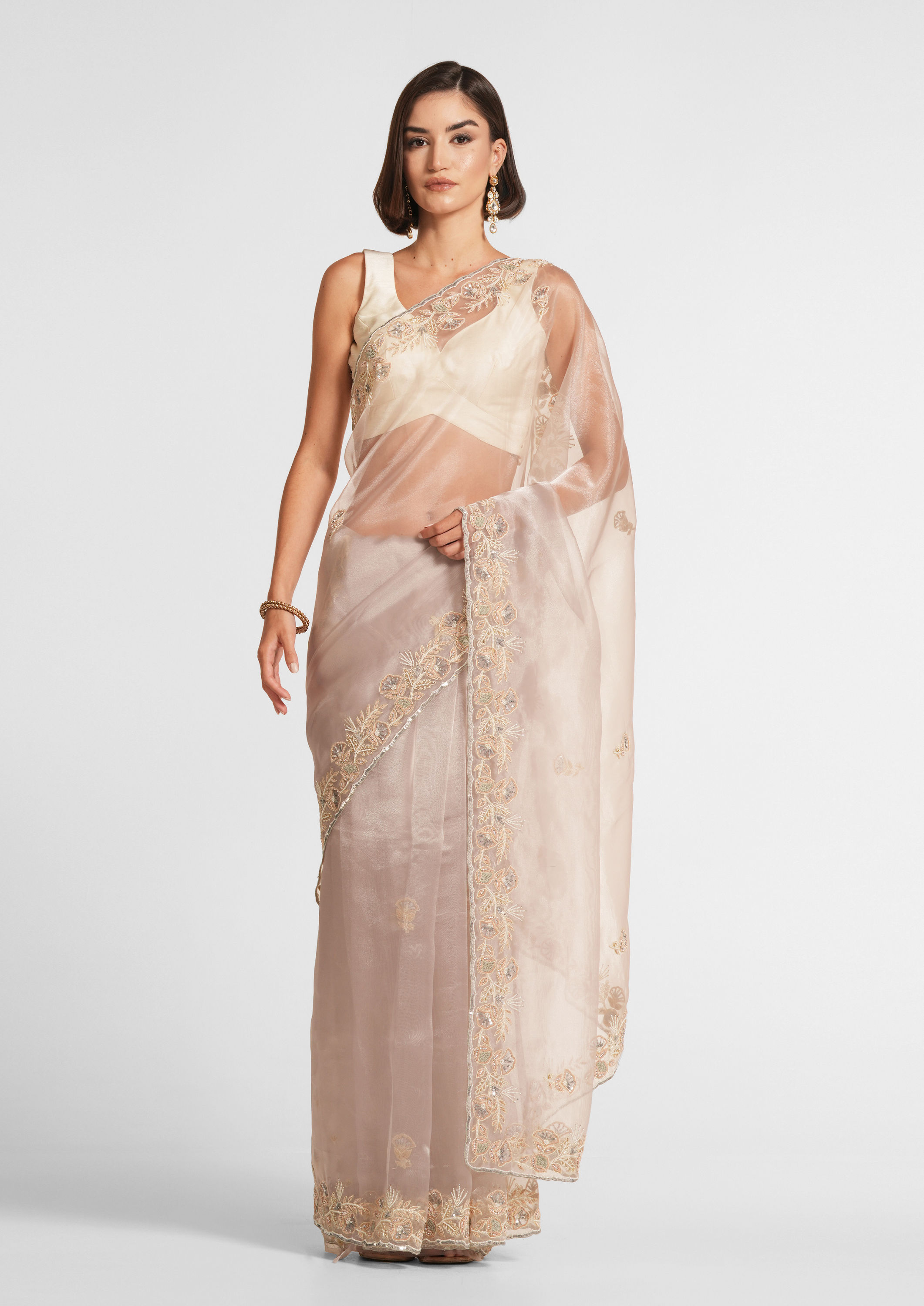 Twamev Women Cream Elegance Organza Saree