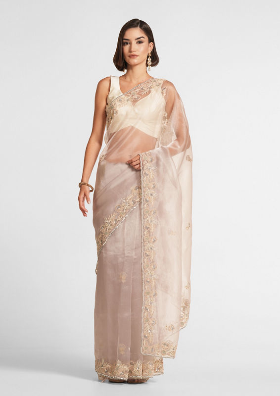 Twamev Women Cream Elegance Organza Saree