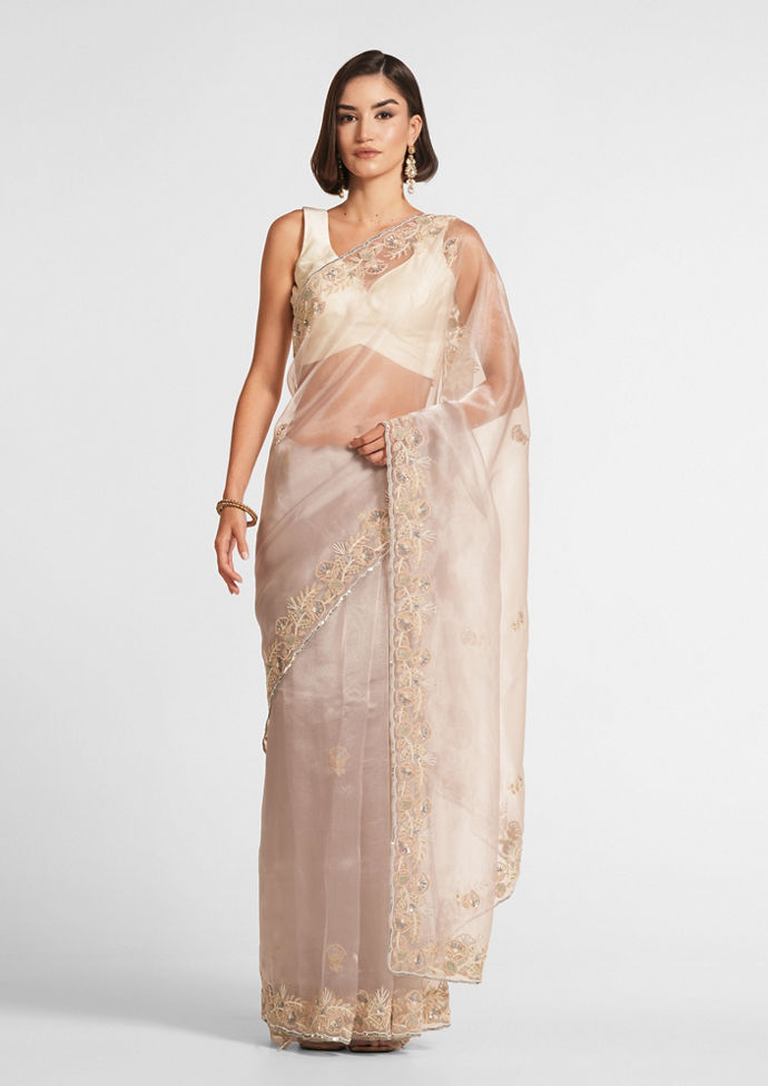 Twamev Women Cream Elegance Organza Saree