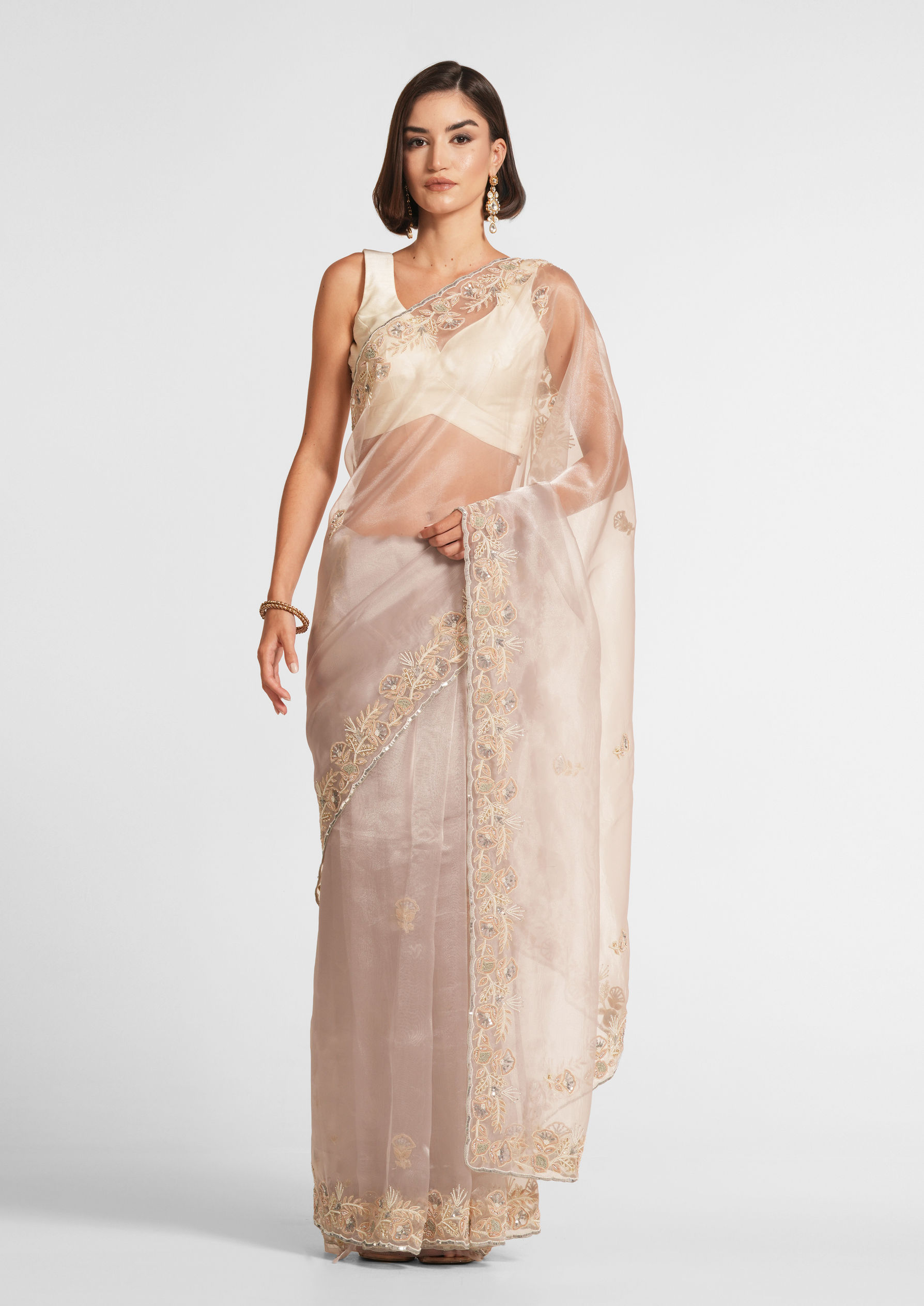 Twamev Women Cream Elegance Organza Saree