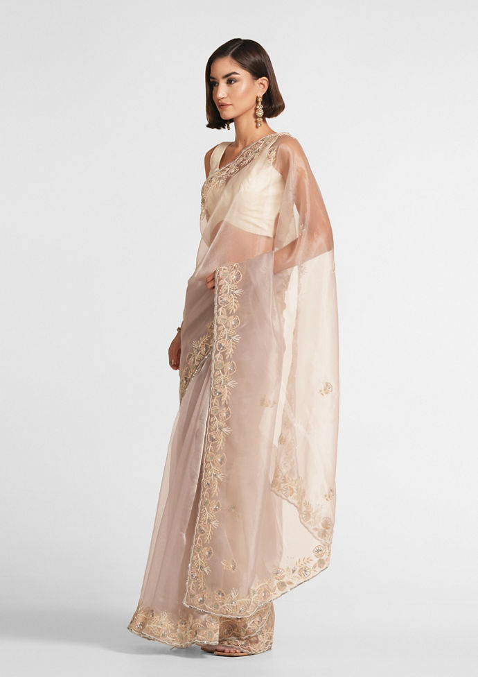 Twamev Women Cream Elegance Organza Saree