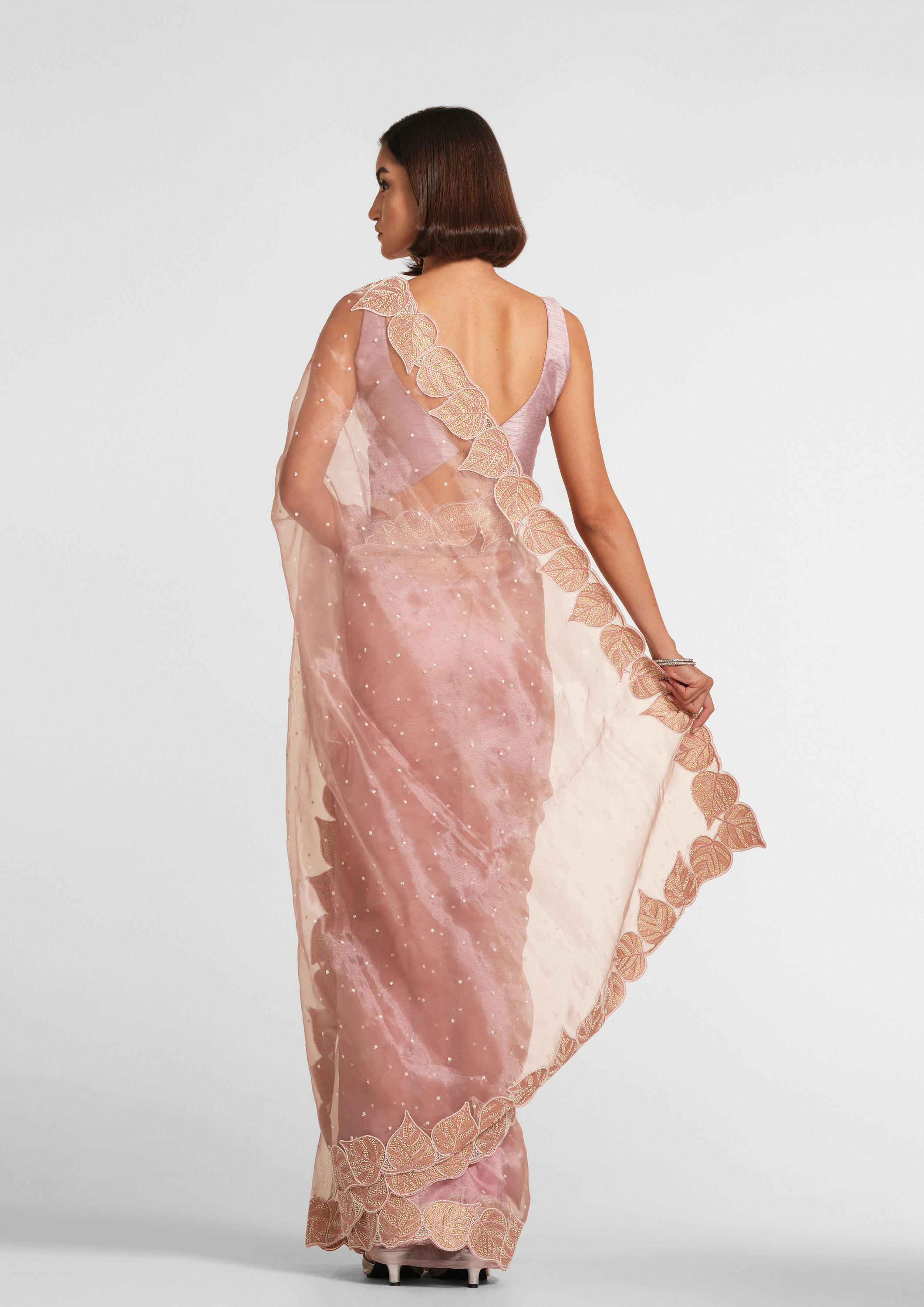 Twamev Women Dusty Pink Organza Festive Saree