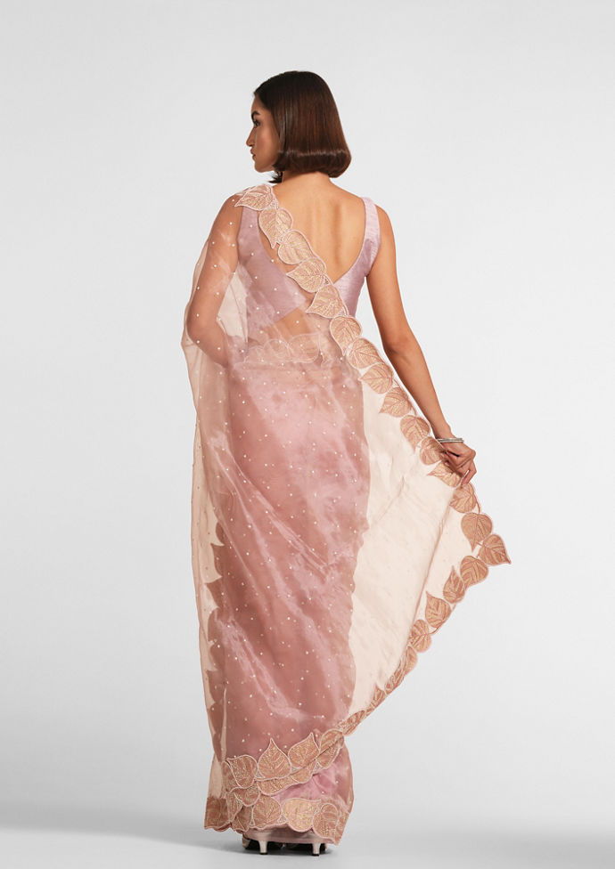 Twamev Women Dusty Pink Organza Festive Saree