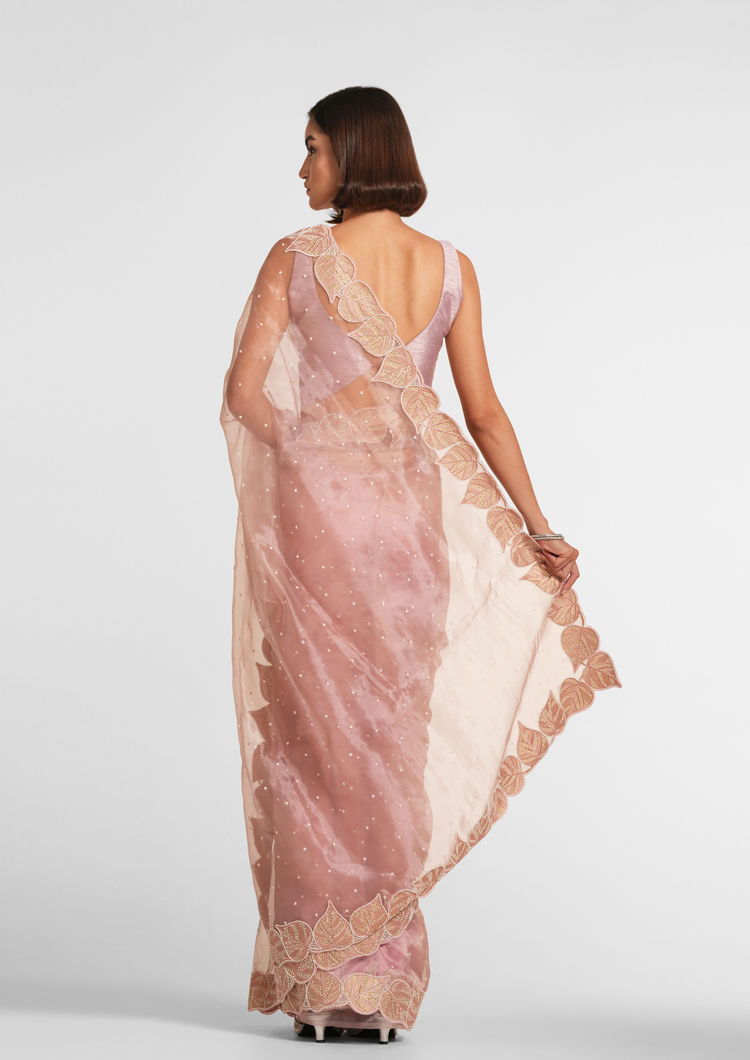 Twamev Women Dusty Pink Organza Festive Saree